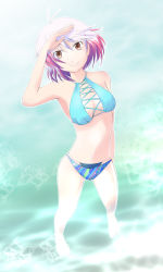 Rule 34 | 1girl, ahoge, antenna hair, artist request, bikini, bikini top only, breasts, cross-laced bikini top, looking at viewer, medium breasts, multicolored hair, navel, ocean, pascal (tales), red hair, short hair, smile, swimsuit, tales of (series), tales of graces, two-tone hair, white hair, yellow eyes