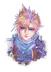 Rule 34 | 1boy, armor, artist name, black gloves, blonde hair, blue eyes, blue shirt, closed mouth, cloud strife, commentary, crisis core final fantasy vii, cropped torso, english commentary, final fantasy, final fantasy vii, gloves, green scarf, highres, ilabarattolo, lips, looking to the side, male focus, scarf, shinra infantry uniform, shirt, short hair, shoulder armor, smile, solo, spiked hair, suspenders, upper body, watermark, white background