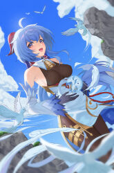 1girl absurdres ahoge armpits bell black_gloves black_pantyhose blue_hair blue_sky bodystocking breasts cloud detached_sleeves dutch_angle floating floating_hair floating_object gani1127 ganyu_(genshin_impact) genshin_impact gloves goat_horns highres horns jewelry long_hair looking_to_the_side medium_breasts mountain neck_bell open_mouth orb pantyhose purple_eyes sky solo teeth thighlet upper_teeth_only white_sleeves wide_sleeves