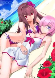 Rule 34 | 2girls, beach, bikini, bow, breasts, cleavage, cloud, cloudy sky, collarbone, commentary request, day, dress swimsuit, fate/grand order, fate (series), flower, glasses, hair flower, hair intakes, hair ornament, hair over one eye, hibiscus, large breasts, light purple hair, looking at viewer, lying, mash kyrielight, mash kyrielight (swimsuit of perpetual summer), multiple girls, navel, ocean, official alternate costume, pink bikini, pink bow, purple bikini, purple eyes, purple hair, red eyes, scathach (fate), scathach (fate/grand order), scathach (swimsuit assassin) (fate), shirotsumekusa, short hair, sky, smile, swimsuit, white bikini