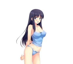 Rule 34 | 1girl, bare arms, bare legs, blue eyes, blue panties, blush, breasts, cleavage, covered erect nipples, cowboy shot, embarrassed, eyebrows, game cg, jinno ai, kuroda akimi, large breasts, legs, long hair, looking at viewer, midriff, open mouth, original, panties, purple hair, simple background, sleeveless, solo, standing, thighs, tsumamigui 3, underwear, white background
