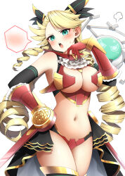 Rule 34 | 1girl, absurdres, black gloves, blonde hair, blush, breasts, cleavage, commentary request, cowboy shot, drill hair, elbow gloves, gloves, green eyes, highres, large breasts, long hair, looking at viewer, myrcia (nyanko daisensou), navel, nyanko daisensou, open mouth, pepushi drow, revealing clothes, showgirl skirt, solo, spoken blush, standing, sweatdrop, teeth, tongue, upper teeth only, very long hair