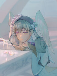 Rule 34 | 1girl, blue eyes, braid, cherry blossoms, crown braid, curly hair, glowing, grey hair, head wings, highres, juliet sleeves, light smile, long hair, long sleeves, looking at flowers, melia antiqua, puffy short sleeves, puffy sleeves, short sleeves, sidelighting, smile, solo, sparkle, tangmen igo, twintails, upper body, wings, xenoblade chronicles (series), xenoblade chronicles 3
