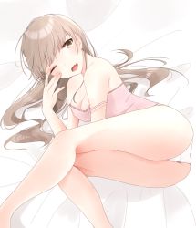 Rule 34 | 1girl, breasts, brown eyes, cleavage, commentary request, fang, light brown hair, long hair, looking at viewer, one eye closed, open mouth, original, panties, solo, strap slip, tagme, tsukino (kjdhfap), underwear, white panties