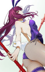 Rule 34 | 1girl, absurdres, animal ears, ass, bow, bowtie, breasts, commentary request, detached collar, fake animal ears, fake tail, fate/grand order, fate (series), fishnet pantyhose, fishnets, gae bolg (fate), gradient background, highres, holding, holding polearm, holding spear, holding weapon, leotard, looking at viewer, official alternate costume, pantyhose, playboy bunny, polearm, rabbit ears, rabbit tail, scathach (fate), scathach (piercing bunny) (fate), smirk, spear, strapless, strapless leotard, tail, tochi keisuke, weapon, wrist cuffs