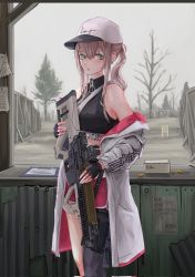 Rule 34 | 1girl, :o, aqua eyes, ar-57, ar-57 (girls&#039; frontline), assault rifle, black gloves, black tank top, blonde hair, bullet, carbine, clothes pull, eye piercing, feet out of frame, fingerless gloves, fn 5.7x28mm, girls&#039; frontline, gloves, gun, hair between eyes, highres, holding, holding gun, holding weapon, horizontal magazine, jacket, jacket pull, lithographica, long hair, looking at viewer, military cartridge, off shoulder, open clothes, open jacket, open mouth, pdw cartridge, personal defense weapon, pink shorts, pistol-caliber carbine, pistol cartridge, rifle, scenery, shorts, solo, standing, submachine gun, supersonic ammunition, tank top, tree, weapon, white headwear, white jacket