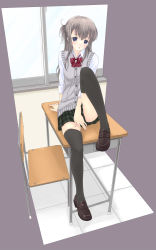 Rule 34 | 1girl, black thighhighs, blue eyes, blush, brown hair, chair, classroom, covering privates, covering crotch, desk, highres, indoors, leg lift, legs, long hair, mikazukimo, on desk, open mouth, original, school, school desk, school uniform, sitting, on desk, skirt, solo, sweater vest, thighhighs, window, zettai ryouiki