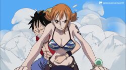 Rule 34 | 1boy, 1girl, animated, artyum99, bikini, black hair, bouncing breasts, breasts, cleavage, closed eyes, friends, highres, hug, hug from behind, jiggle, large breasts, live2d, looking at viewer, monkey d. luffy, nami (one piece), one piece, orange hair, serious, swimsuit, tagme, video