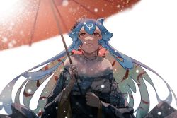 Rule 34 | 1girl, alternate costume, bao (vtuber), blue hair, breasts, clenched hands, flower, grey kimono, hair flower, hair ornament, highres, holding, holding umbrella, indie virtual youtuber, japanese clothes, kimono, kuroi enpitsu, long hair, looking up, medium breasts, obi, parted lips, red eyes, red flower, sash, smile, snowing, solo, umbrella, virtual youtuber, white background