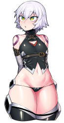 Rule 34 | 1girl, :o, arm belt, arms behind back, bandaged arm, bandages, bare shoulders, belt, belt buckle, black panties, black shirt, black thighhighs, brown belt, buckle, collarbone, commentary request, cowboy shot, crop top, cropped legs, facial scar, fate/apocrypha, fate/grand order, fate (series), green eyes, grey hair, groin, hair between eyes, highres, jack the ripper (fate/apocrypha), looking away, looking up, lowleg, lowleg panties, multicolored eyes, navel, panties, scar, scar across eye, scar on cheek, scar on face, shiny clothes, shiny skin, shirt, short hair, shoulder tattoo, signature, simple background, sleeveless, sleeveless shirt, solo, spacezin, standing, stomach, tattoo, thick thighs, thighhighs, thighs, turtleneck, underwear, white background, wide hips, yellow eyes