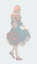 Rule 34 | 1girl, apron, back bow, black dress, black footwear, black sleeves, blonde hair, blue background, bow, commentary, criss-cross back-straps, dress, english commentary, frilled apron, frilled dress, frills, from behind, full body, hair over shoulder, krenz, long hair, long sleeves, maid, maid headdress, making-of available, mary janes, medium dress, original, pantyhose, shoes, simple background, skirt hold, sleeves past elbows, solo, white apron, white bow, white headdress, white pantyhose