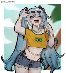 1girl ahoge alternate_costume arm_up bead_necklace beads belly_chain belt bikini bikini_under_clothes black_bikini black_lips blue_eyes blue_hair blurry blurry_background border bracelet brazil brazilian_flag brazilian_flag_print brazilian_miku collarbone cowboy_shot crop_top cup day denim denim_shorts drink earrings eyelashes eyewear_on_head hair_between_eyes hair_ornament hand_up hatsune_miku highleg highleg_bikini highres holding holding_cup jewelry leaning_forward legs_together light_blush long_hair looking_at_viewer makeup midriff multiple_bracelets navel necklace one_eye_closed open_mouth outdoors outside_border pale_skin pinky_out print_shirt shirt short_shorts short_sleeves shorts side-tie_bikini_bottom sidelocks sky smile solo standing sunglasses swept_bangs swimsuit teeth tongue tree twintails twitter_username uma_mordida very_long_hair vocaloid white_border yellow_shirt