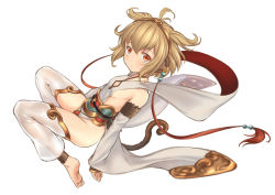 Rule 34 | 10s, 1girl, ahoge, andira (granblue fantasy), animal ears, bare shoulders, barefoot, blonde hair, breasts, colored eyelashes, detached pants, detached sleeves, erune, feet, granblue fantasy, hairband, looking at viewer, monkey ears, monkey girl, monkey tail, pants, piano-alice, red eyes, short hair, sideboob, sitting, small breasts, soles, solo, tail, tareme, thighhighs, thighs, toes, white pants