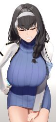Rule 34 | 1girl, absurdres, armband, black hair, blue sweater, braid, breasts, closed eyes, dress, goddess of victory: nikke, grin, hairband, hand on own thigh, highres, holding, holding syringe, huge breasts, jacket, leaning forward, long hair, mary (nikke), ribbed sweater, rinrin kai, smile, sweater, sweater dress, syringe, white background, white headwear, white jacket