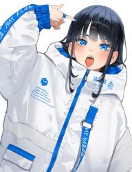 Rule 34 | 1girl, barcode, black hair, blue eyes, blue nails, blue theme, commentary request, fashion, finger gun, finger gun to head, heart, heart-shaped pupils, highres, hood, hoodie, jacket, jewelry, looking at viewer, mashiro kta, nail polish, open mouth, original, print jacket, ring, simple background, solo, symbol-shaped pupils, tongue, tongue out, upper body, white background, white jacket, zipper