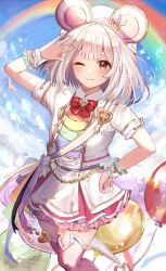 Rule 34 | 1girl, absurdres, animal ears, arm up, balloon, bow, bowtie, closed mouth, collared dress, dress, fake animal ears, feet out of frame, granblue fantasy, hair ornament, hairband, hairclip, hand on own hip, highres, jacket, looking at viewer, mouse ears, nakonbu, official alternate costume, one eye closed, pink thighhighs, rainbow, red eyes, short dress, short hair, short sleeves, smile, solo, thighhighs, twitter username, vikala (granblue fantasy), watermark, white dress, white hair, white jacket, wrist cuffs
