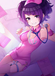 Rule 34 | 1girl, absurdres, armpits, asymmetrical legwear, bare arms, bare shoulders, blunt bangs, breasts, cleavage, crossed legs, diagonal bangs, dress, earrings, fishnet legwear, fishnets, from above, garter straps, hat, highres, idolmaster, idolmaster shiny colors, jewelry, lanyard, looking at viewer, medium breasts, medium hair, mismatched legwear, nail polish, nurse, nurse cap, on bed, papers, pink nails, purple eyes, purple hair, safety pin, short dress, sitting, sleeveless, sleeveless dress, smile, solo, stethoscope, tanaka mamimi, thigh strap, twintails, umeume (totoya), wrist cuffs