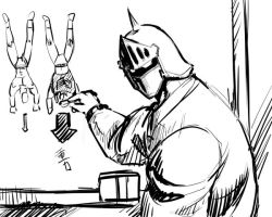 Rule 34 | 1boy, armor, arrow (symbol), board eraser, chalkboard, character request, doll, from side, greyscale, helmet, kinnikuman, kinnikuman (character), knight, looking at viewer, looking to the side, male focus, michael f91, monochrome, robin mask, simple background, solo, table, translated, upper body, upside-down, white background