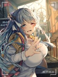 Rule 34 | 1girl, alternate costume, azur lane, bag, blue eyes, blue hair, blush, breasts, buttons, casual, heaven&#039;s melody, heterochromia, highres, hood, hoodie, horns, huge breasts, ibuki (azur lane), jewelry, large breasts, long hair, long sleeves, looking at viewer, necklace, open mouth, outdoors, red eyes, ring, shirt, sidelocks, single horn, sleeveless, sleeveless hoodie, smile, solo, town, very long hair, white shirt, yellow hoodie