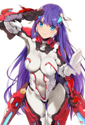 Rule 34 | 1girl, absurdres, adapted costume, arm up, blue eyes, blunt bangs, bodysuit, breasts, closed mouth, commentary, covered navel, cowboy shot, earrings, fate/grand order, fate (series), gauntlets, gloves, headgear, highres, hip focus, impossible bodysuit, impossible clothes, jewelry, large breasts, long hair, looking at viewer, martha (aerial drive) (fate), martha (fate), mecha musume, purple hair, salute, signature, simple background, solo, thighs, turtleneck, white background, white bodysuit, yd (orange maru)
