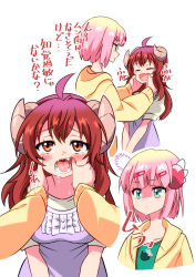 Rule 34 | 2girls, ahoge, blush, brown eyes, brown hair, chiyoda momo, demon girl, demon horns, dress, drooling, fangs, finger in another&#039;s mouth, hand in mouth, highres, hiroshix31, horns, long hair, machikado mazoku, multiple girls, open mouth, pink hair, shaded face, simple background, tail, tears, teeth, translated, white background, yoshida yuuko (machikado mazoku), yuri