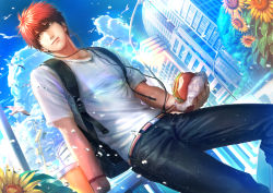 Rule 34 | 1boy, backpack, bag, belt, birds, black pants, burger, city, cloud, cup, day, disposable cup, eating, flower, food, headphones, holding, holding food, jewelry, kagami taiga, kuroko no basuke, light rays, male focus, necklace, outdoors, pants, red hair, ring, ring necklace, shirt, short hair, smile, solo, suiact, sunflower, toned, toned male, white shirt