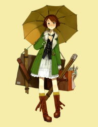 Rule 34 | 1girl, art brush, boots, brown footwear, brown hair, buttons, coat, dress, easel, frilled sleeves, frills, full body, hair ornament, hairclip, head tilt, jacket, knee boots, long sleeves, looking at viewer, open clothes, open jacket, original, paintbrush, palette (object), short hair, simple background, socks, solo, standing, striped clothes, striped legwear, striped socks, umbrella, unbuttoned, yellow background, yoshida seiji
