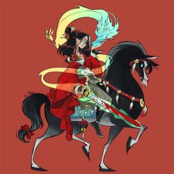Rule 34 | 1girl, black hair, blood, bloody weapon, bow, chinese clothes, dragon, eastern dragon, fa mulan (disney), highres, holding, holding sword, holding weapon, horse, horseback riding, jian (weapon), kiddo hah, long hair, mulan, red background, red bow, riding, shoulder tattoo, simple background, sword, tattoo, weapon