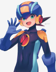 Rule 34 | 1boy, :d, blue bodysuit, blue headwear, blurry, blush, bodysuit, brown hair, commentary request, covered collarbone, covered navel, depth of field, green eyes, grey background, hand up, happy, helmet, highres, looking at viewer, male focus, mega man (series), mega man battle network (series), megaman.exe, netnavi, open mouth, short hair, simple background, smile, solo, spiked hair, twitter username, zero-go