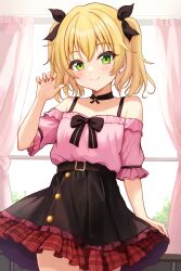 Rule 34 | 1girl, bare shoulders, belt, black belt, black choker, black ribbon, black skirt, blonde hair, blush, breasts, choker, collarbone, commentary request, cowboy shot, curtains, daysss, detached sleeves, frilled shirt, frilled skirt, frills, green eyes, hair ribbon, hand up, highres, idolmaster, idolmaster cinderella girls, idolmaster cinderella girls starlight stage, idolmaster cinderella girls u149, indoors, jirai kei, looking at viewer, multicolored clothes, multicolored skirt, pink nails, pink shirt, plaid, plaid skirt, red skirt, ribbon, sakurai momoka, shirt, short hair, short sleeves, skirt, small breasts, smile, solo, tree, twintails, window