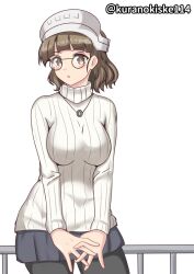 Rule 34 | 1girl, black pantyhose, black skirt, blunt bangs, brown eyes, brown hair, glasses, headdress, highres, kantai collection, kurano kisuke, official alternate costume, one-hour drawing challenge, pantyhose, pince-nez, pleated skirt, railing, ribbed sweater, roma (kancolle), simple background, skirt, sweater, twitter username, wavy hair, white background, white sweater