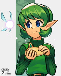 Rule 34 | 1girl, absurdres, artist name, belt, blue eyes, closed mouth, commentary, elf, eyelashes, fairy, fairy wings, floating, green hairband, hairband, highres, holding, holding instrument, instrument, kokiri, navi, nintendo, ocarina, orlek, pointy ears, saria (zelda), short hair, smile, sparkle, sweater, the legend of zelda, the legend of zelda: ocarina of time, turtleneck, turtleneck sweater, wings