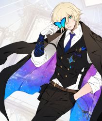 Rule 34 | 1boy, belt, black vest, blue butterfly, blue necktie, bug, butterfly, collared shirt, dainsleif (genshin impact), fashion, formal, genshin impact, highres, insect, charm (object), long sleeves, looking at viewer, male focus, necktie, one eye covered, pale skin, shirt, shohje, solo, starry sky print, vest, white shirt