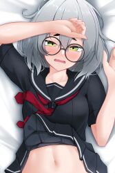 Rule 34 | 1girl, absurdres, arms up, bed sheet, black-framed eyewear, black serafuku, black shirt, black skirt, blush, breasts, clothes lift, collarbone, commentary, dakimakura (medium), glasses, green eyes, grey hair, hair between eyes, highres, looking at viewer, lying, navel, neckerchief, on back, on bed, open mouth, original, out-of-frame censoring, pleated skirt, red neckerchief, sailor collar, school uniform, serafuku, shirt, short eyebrows, short hair, short sleeves, skirt, small breasts, solo, stomach, thick eyebrows, upper body, z.taiga