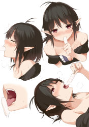 Rule 34 | 1girl, absurdres, bare shoulders, black hair, black shirt, blush, breasts, breath, cleavage, collarbone, commentary request, cropped torso, closed eyes, fangs, food, from side, hair between eyes, highres, holding, holding food, houjuu nue, licking, looking at viewer, lying, multiple views, nose blush, off-shoulder shirt, off shoulder, on back, open mouth, pointy ears, popsicle, profile, red eyes, sexually suggestive, shirt, short hair, short sleeves, simple background, small breasts, sweat, techi (techi35499), tongue, tongue out, touhou, upper body, white background