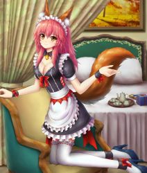 Rule 34 | animal ears, bed, blush, breasts, cleavage, fate/grand order, fate (series), fox ears, fox tail, gift, high heels, highres, jihadangel, kneeling, lace, lace-trimmed legwear, lace trim, long hair, maid, maid headdress, medium breasts, neck bell, painting (object), pink hair, smile, solo, tail, tamamo (fate), tamamo no mae (fate/extra), tea set, thighhighs, tray, white thighhighs, wrist cuffs, yellow eyes