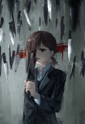 Rule 34 | 1girl, absurdres, black jacket, black necktie, black pants, blood, bloody knife, brown hair, chainsaw man, collared shirt, floating, floating object, floating weapon, formal, greedice, hair ornament, hairclip, higashiyama kobeni, highres, holding, holding knife, jacket, knife, licking, licking blade, licking weapon, looking to the side, mole, mole under eye, necktie, pants, shirt, shirt tucked in, short hair, short ponytail, single sidelock, smeared blood, solo, suit, suit jacket, swept bangs, tongue, tongue out, weapon, white shirt