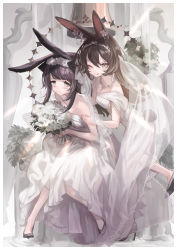 Rule 34 | 2girls, ;q, absurdres, alternate costume, animal ears, april (arknights), arknights, black eyes, black footwear, blush, bouquet, dress, ear ornament, flower, grey eyes, hair between eyes, hair flower, hair ornament, hemorina, high heels, highres, jewelry, licking lips, looking at viewer, multiple girls, necklace, one eye closed, purple hair, rabbit ears, rope (arknights), sidelocks, sitting, smile, strapless, strapless dress, tiara, tongue, tongue out, wedding dress, white dress, white flower