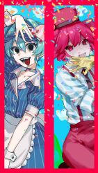 Rule 34 | arm up, black eyes, confetti, cowboy shot, drill hair, gloves, hat, hatsune miku, highres, kasane teto, looking at viewer, mesmerizer (vocaloid), open mouth, pants, peristerite, pink eyes, pink hair, pink hat, pink pants, sharp teeth, shirt, short sleeves, smile, striped clothes, striped shirt, suspenders, teeth, tongue, tongue out, twin drills, utau, vocaloid, wrist cuffs, yellow gloves
