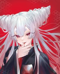 Rule 34 | 1girl, absurdres, ayashimon, black kimono, blue eyes, drill hair, eyelashes, flame print, floating hair, hair between eyes, hair horns, highres, hikimayu, himari ( h i8), horns, japanese clothes, kimono, licking, licking finger, long eyelashes, long hair, long sleeves, looking at viewer, multicolored eyes, parted bangs, red background, red eyes, signature, simple background, solo, upper body, urara (ayashimon), white hair, wide sleeves