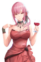 Rule 34 | 1girl, alcohol, bare shoulders, breasts, cleavage, cup, dress, drinking glass, flower, gem, hair bun, hair flower, hair ornament, highres, holding, holding cup, hololive, hololive english, jewelry, large breasts, looking at viewer, lupaan, mori calliope, mori calliope (party dress), nail polish, necklace, official alternate costume, pink eyes, pink hair, red dress, red flower, red nails, red rose, rose, sidelocks, simple background, single hair bun, skull, solo, strapless, strapless dress, veil, virtual youtuber, white background, wine, wine glass, wristband