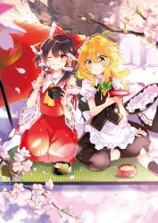 Rule 34 | 2girls, ;), ahoge, alcohol, apron, ascot, bare shoulders, black hair, black headwear, black legwear, black skirt, black vest, blonde hair, blurry, blurry foreground, bow, braid, cherry blossoms, commentary request, cup, detached sleeves, feet out of frame, frilled apron, frilled bow, frills, green bow, hair between eyes, hair bow, hair tubes, hakurei reimu, hands up, hat, hat bow, unworn hat, unworn headwear, highres, holding, holding cup, kirisame marisa, long hair, masu, multiple girls, nontraditional miko, oil-paper umbrella, one eye closed, outdoors, petals, poprication, puffy short sleeves, puffy sleeves, red bow, red eyes, red shirt, red skirt, ribbon-trimmed sleeves, ribbon trim, sakazuki, sake, seiza, shirt, short hair with long locks, short sleeves, sid, side braid, sidelocks, single braid, sitting, skirt, skirt set, sleeveless, sleeveless shirt, smile, tatami, touhou, tree, umbrella, vest, waist apron, white apron, witch hat, yellow ascot, yellow eyes