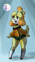 Rule 34 | 1girl, absurdres, animal crossing, animal ears, artist name, bell, black eyes, black footwear, blonde hair, blue background, blush stickers, breasts, cleavage, collar, dog ears, dog girl, dog tail, fangs, female focus, full body, furry, furry female, geeflakes, green skirt, hair bell, hair ornament, hair tie, happy, highres, isabelle (animal crossing), jingle bell, jpeg artifacts, kneehighs, legs apart, long sleeves, looking up, medium breasts, miniskirt, nintendo, off shoulder, open mouth, plaid, plaid skirt, pleated skirt, reflection, shirt, shoes, short hair, simple background, skirt, smash ball, smile, socks, solo, standing, super smash bros., tail, teeth, tongue, topknot, twitter username, watermark, web address, white socks, yellow shirt