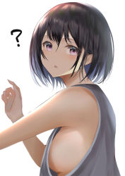 Rule 34 | 1girl, :o, ?, bad id, bad pixiv id, bare shoulders, black hair, breasts, commentary request, grey shirt, hair between eyes, highres, looking to the side, medium breasts, open mouth, original, purple eyes, shirt, short hair, sideboob, simple background, sleeveless, sleeveless shirt, white background, yk (pixiv43531291)