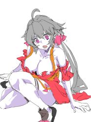 Rule 34 | 1girl, ahoge, bare shoulders, blush, breasts, cleavage, large breasts, long hair, low twintails, lyrical denko, open mouth, purple eyes, senki zesshou symphogear, silver hair, sketch, solo, thighhighs, twintails, very long hair, yukine chris