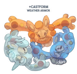 Rule 34 | artist name, castform, castform (rainy), castform (snowy), castform (sunny), character name, commentary, creature, creatures (company), dar-draws, english commentary, english text, eye contact, full body, fusion, game freak, gen 3 pokemon, gen 5 pokemon, highres, looking at another, looking at viewer, nintendo, no humans, pokemon, pokemon (creature), reuniclus, signature, simple background, white background