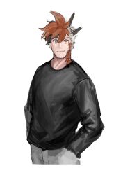 Rule 34 | 1boy, alternate costume, another eidos-r, baggy clothes, black hair, cropped torso, dragon boy, gaia (another eidos), hair between eyes, hands in pockets, heterochromia, highres, horns, looking at viewer, male focus, neumo, red hair, red scales, shirt, short hair, smile, solo, t-shirt, thick eyebrows