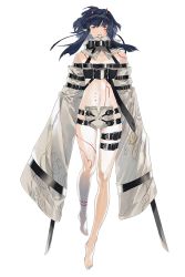 Rule 34 | 1girl, bad id, bad pixiv id, bandeau, bare shoulders, belt, black bandeau, black hair, blunt bangs, bodypaint, buckle, collarbone, detached collar, detached sleeves, dual wielding, facepaint, floating, full body, hair between eyes, holding, holding sword, holding weapon, horns, katana, kurohal, long sleeves, looking at viewer, midriff, navel, open mouth, original, oversized clothes, pointy ears, red eyes, short hair, sidelocks, simple background, solo, standing, stomach, strap, sword, sword in sleeve, thigh strap, weapon, white background, wide sleeves