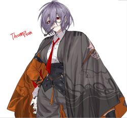 Rule 34 | 1girl, bisaytin, cloak, collared shirt, cowboy shot, earrings, girls&#039; frontline, hair between eyes, jewelry, monocle, necktie, official alternate costume, parted lips, purple hair, red eyes, red necktie, shirt, short hair, smile, smoking pipe, solo, thompson (girls&#039; frontline), thompson (infernal hannya) (girls&#039; frontline), white background, white shirt