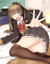 Rule 34 | 10s, 1girl, aqua eyes, ass, bad id, bad pixiv id, bed, bed sheet, blouse, blush, bow, bowtie, brown hair, brown jacket, brown skirt, brown sweater, brown thighhighs, cardigan, collared shirt, curtains, embarrassed, frilled skirt, frills, hair between eyes, hair ornament, indoors, jacket, kanna (horntp), kantai collection, kumano (kancolle), lamp, light switch, long hair, long sleeves, looking at viewer, lying, neck ribbon, on bed, open cardigan, open clothes, open collar, open mouth, outstretched hand, panties, pantyshot, pleated skirt, ponytail, red bow, red bowtie, red ribbon, remodel (kantai collection), ribbon, school swimsuit, shirt, skirt, solo, sweatdrop, sweater, swimsuit, teeth, thighhighs, thighs, tissue box, underwear, white panties, white shirt